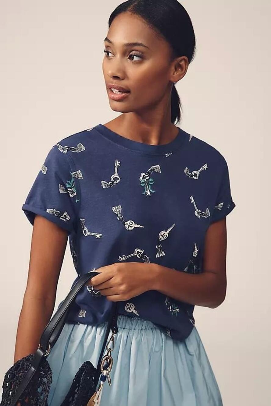 Maeve Anthropologie Purple Skeleton Key Print Relaxed Raw Edge T-Shirt